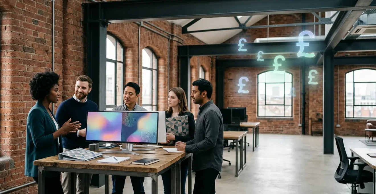Professional UK office setting showing marketing team reviewing AI analytics on screens with British pounds symbols floating as holographic displays