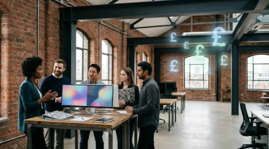 Professional UK office setting showing marketing team reviewing AI analytics on screens with British pounds symbols floating as holographic displays