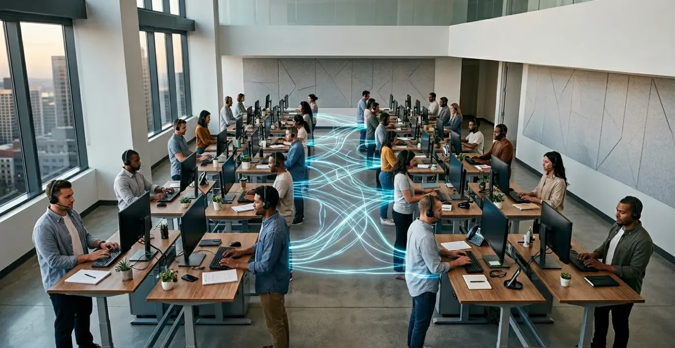 Professional workspace showing AI-driven ticket management system with visual network connections