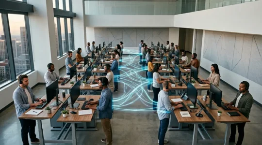 Professional workspace showing AI-driven ticket management system with visual network connections