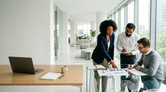 Professional HR team reviewing automated onboarding dashboard