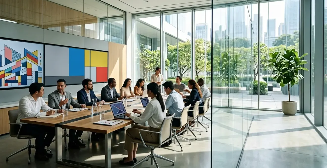 Strategic business continuity planning meeting in modern corporate environment