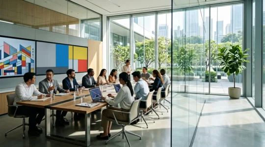 Strategic business continuity planning meeting in modern corporate environment