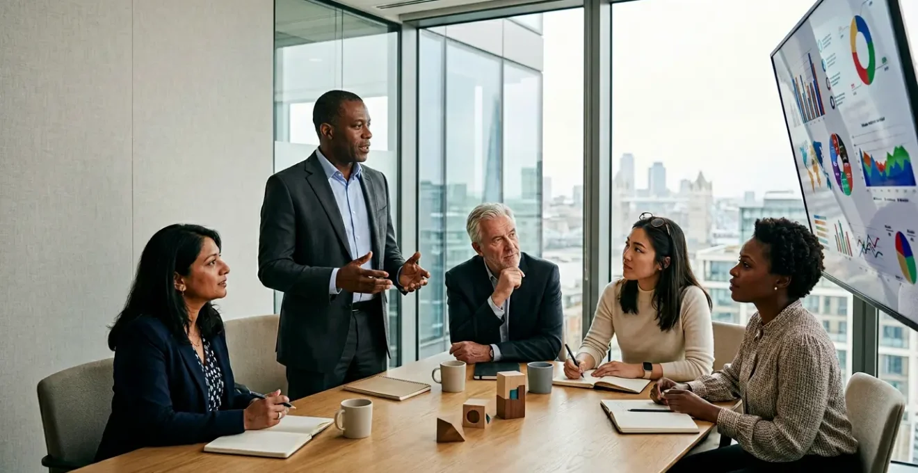 Executive team analyzing data visualizations on modern business intelligence dashboard in contemporary boardroom