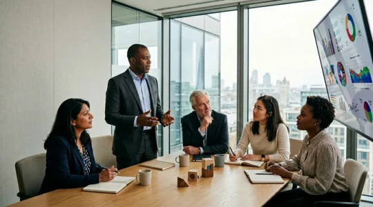 Executive team analyzing data visualizations on modern business intelligence dashboard in contemporary boardroom