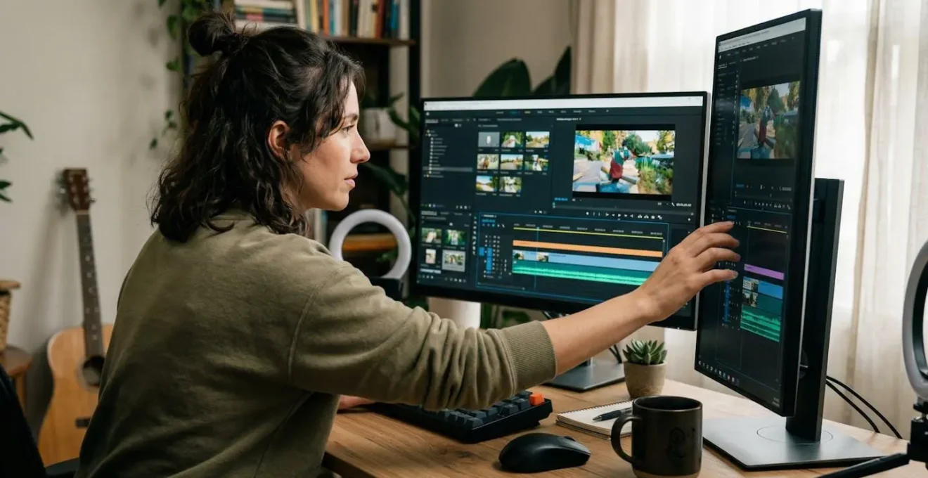 Content creator working on branded video with colour palette visible on screen