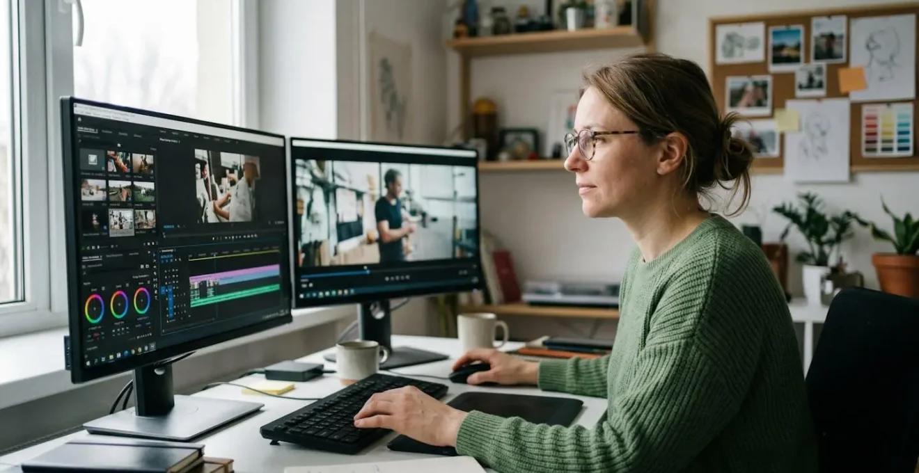 Content creator working at dual-monitor workstation with video editing interface