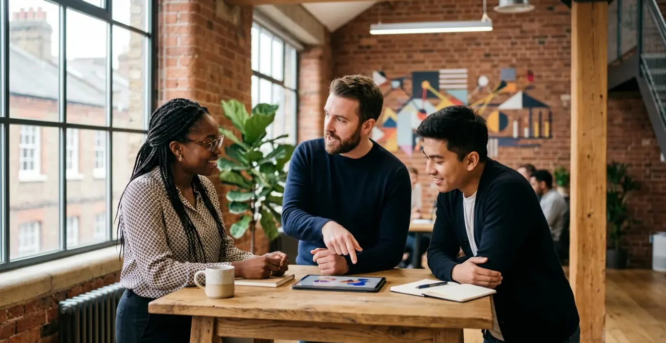 Business analytics team reviewing customer health metrics on multiple screens in modern office