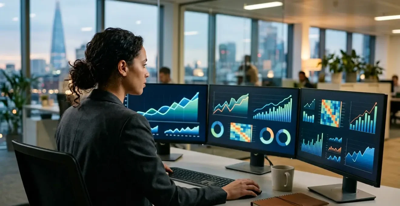 Business professional analyzing customer satisfaction metrics on multiple screens with revenue growth charts