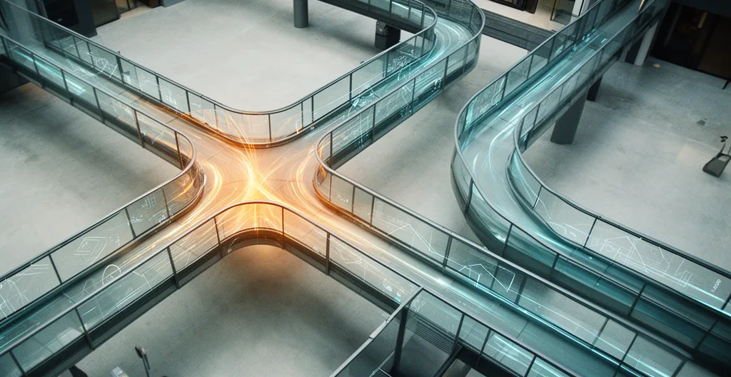 Wide aerial view of interconnected glass tunnels representing digital workflows with one constricted section glowing amber