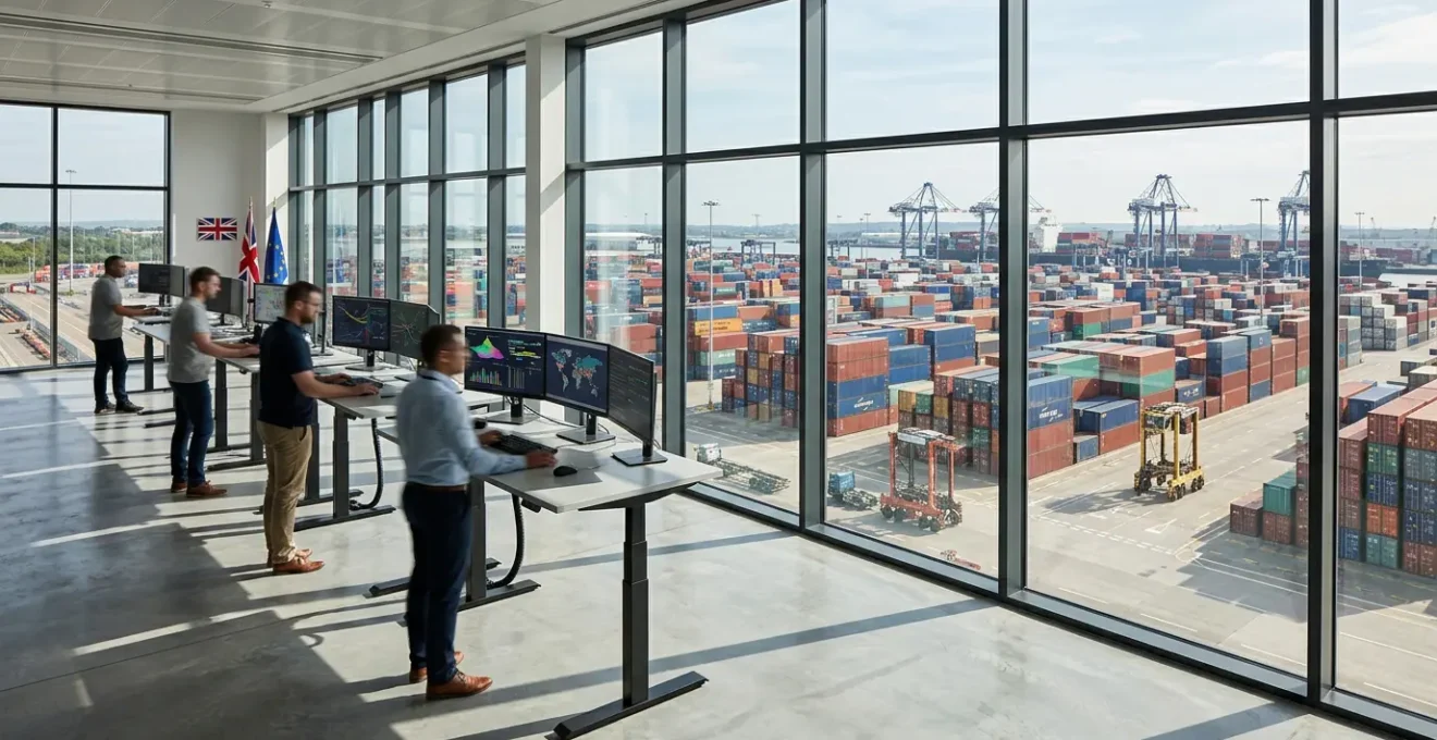 Business professionals analyzing complex supply chain data on multiple screens with EU and UK trade routes visualization