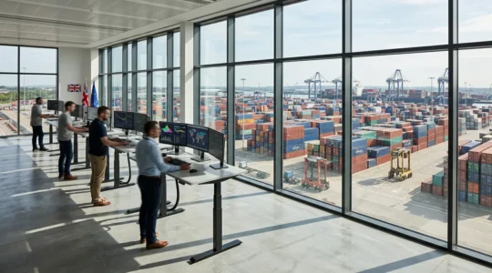 Business professionals analyzing complex supply chain data on multiple screens with EU and UK trade routes visualization