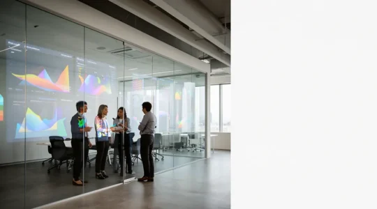 Business professionals navigating complex ERP system implementation in modern office setting