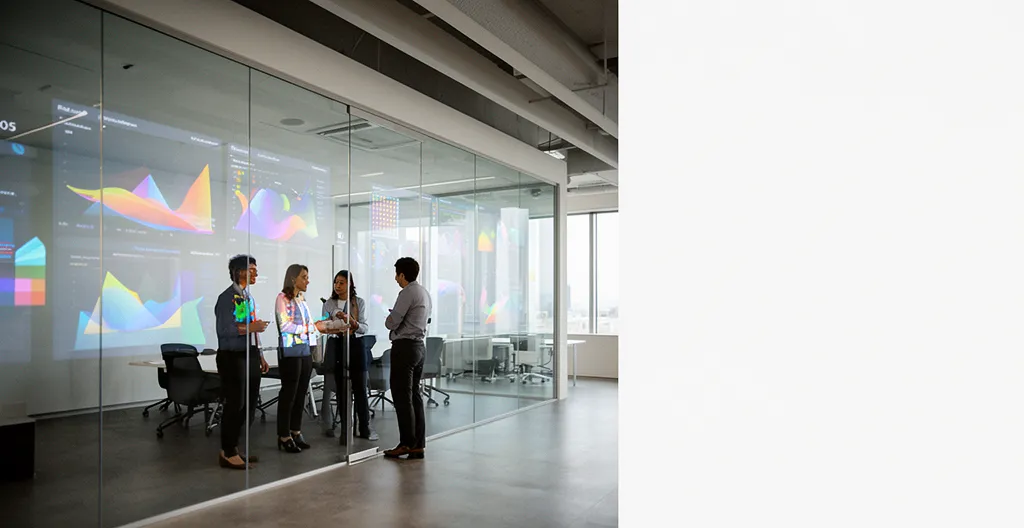 Business professionals navigating complex ERP system implementation in modern office setting