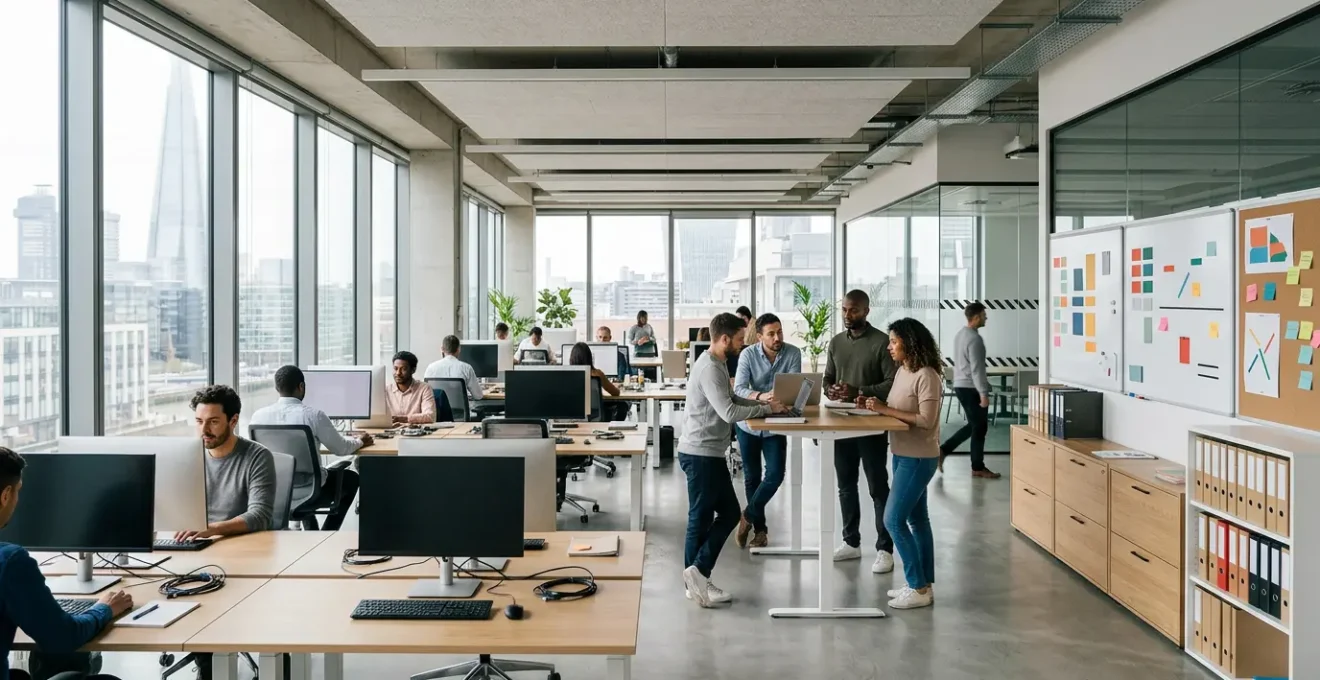 Modern UK office space showcasing lean operations with organized workstations and efficient workflow systems