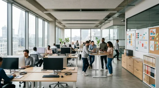 Modern UK office space showcasing lean operations with organized workstations and efficient workflow systems