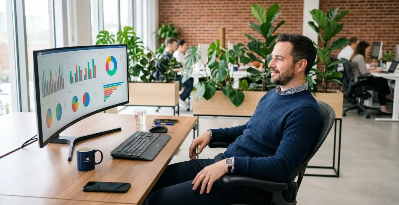 Marketing professional reviewing animated data visualisation on large monitor in modern office