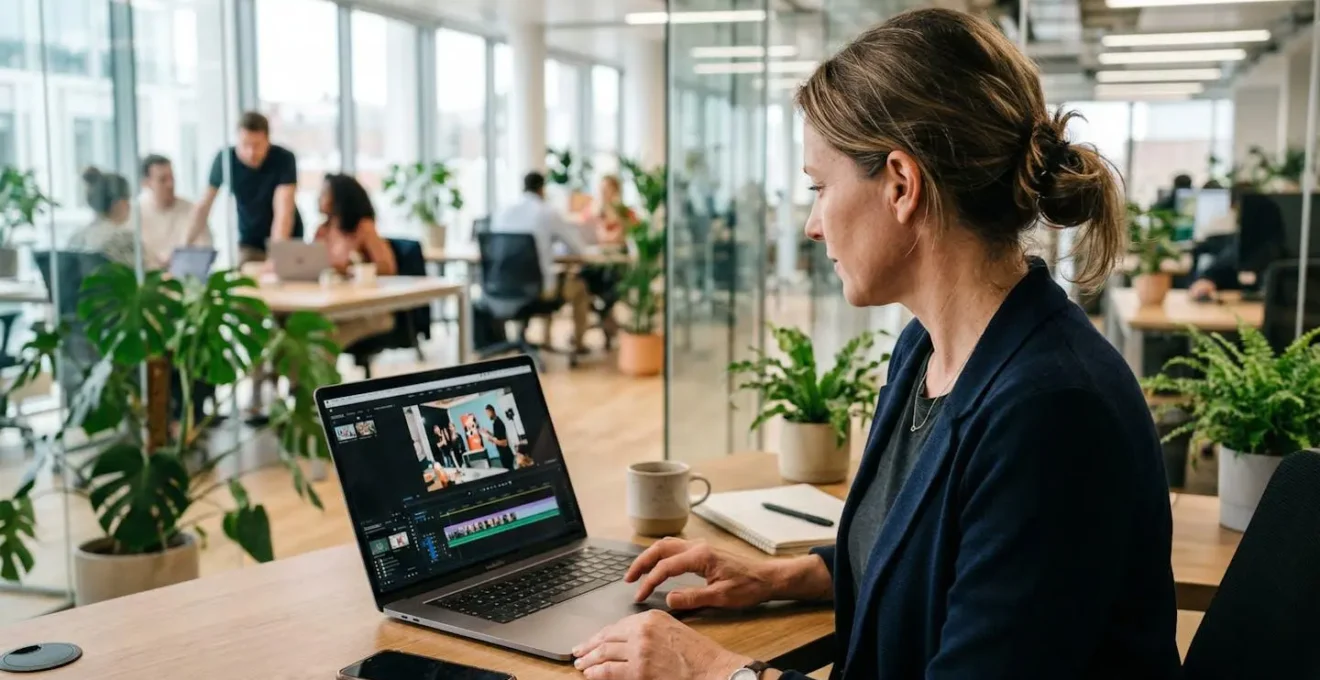 Marketing professional reviewing video content on laptop in modern office