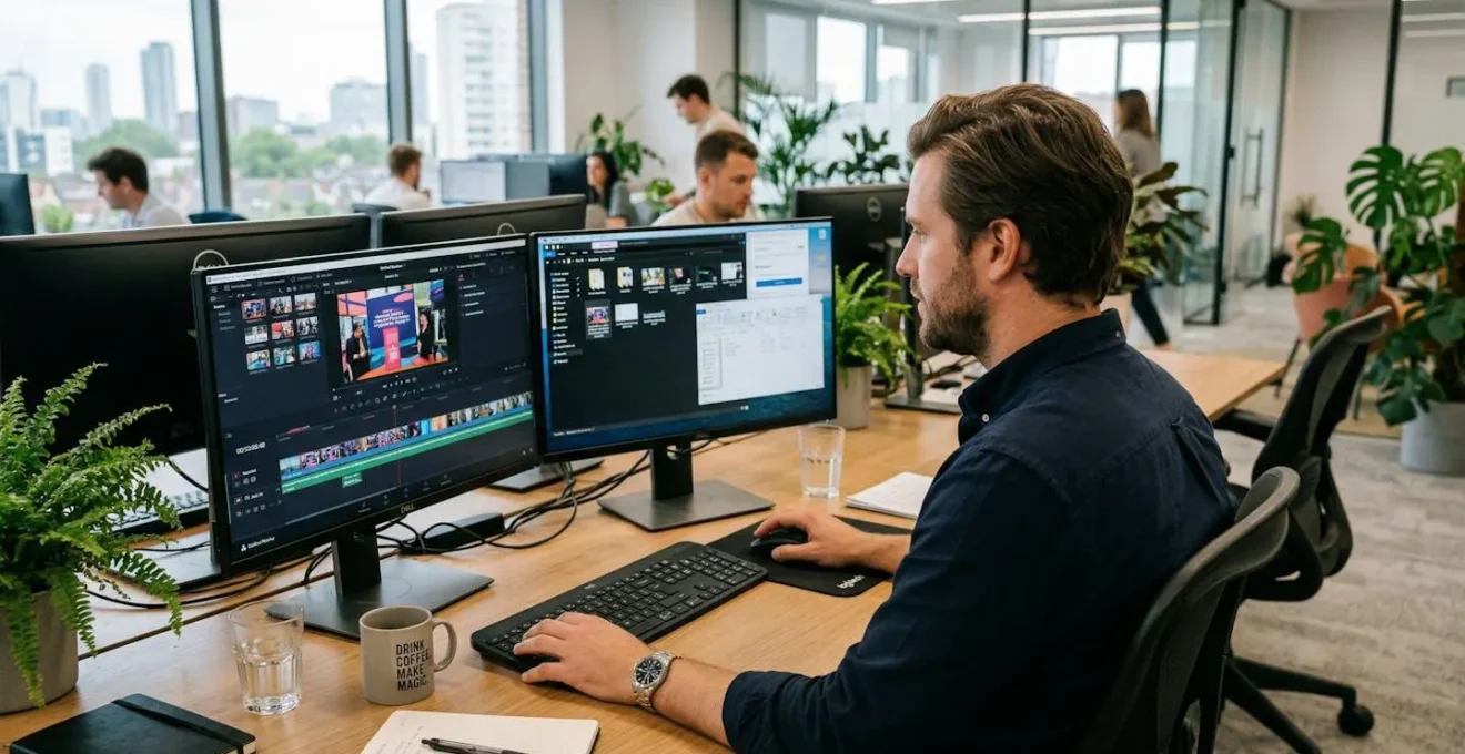 Marketing professional reviewing video timeline content on dual monitors in modern office