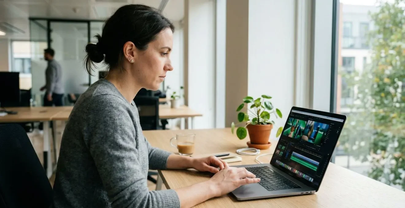 Marketing professional editing video content on laptop in modern office workspace