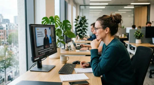 Content creator reviewing video subtitles on computer screen in modern office