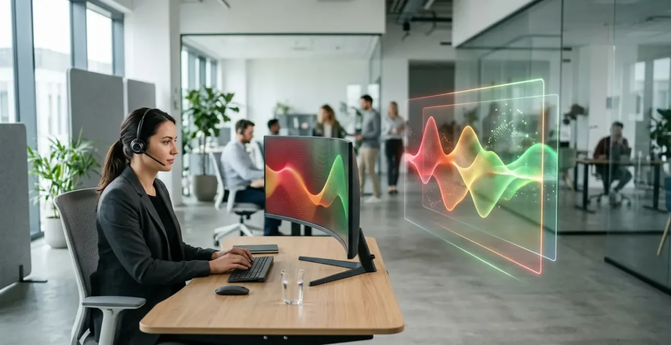 Professional customer service representative analyzing emotional sentiment patterns on holographic data visualization screens in modern office