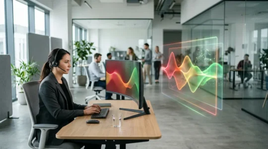 Professional customer service representative analyzing emotional sentiment patterns on holographic data visualization screens in modern office