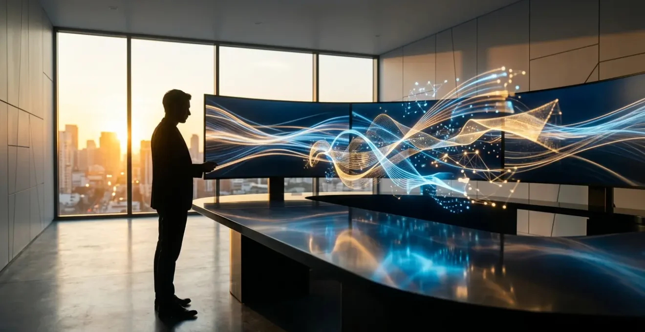 Modern retail analytics dashboard with holographic data visualizations showing transaction patterns and customer segments