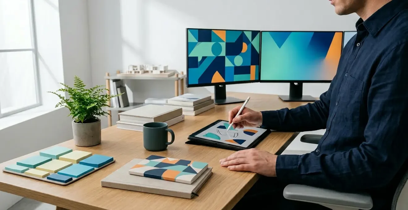 Professional designer workspace showing digital tools and brand assets being created collaboratively