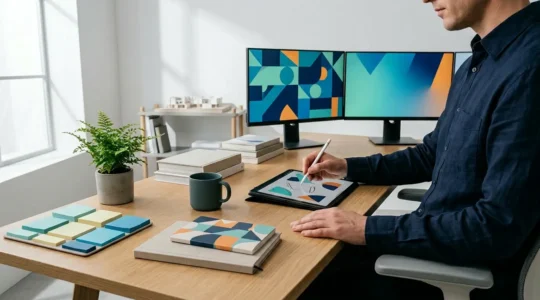 Professional designer workspace showing digital tools and brand assets being created collaboratively