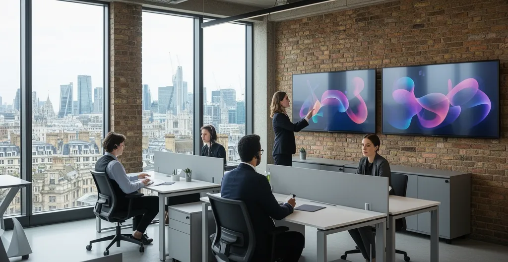 Professional UK team collaborating in modern office with multiple screens showing unified customer support interface