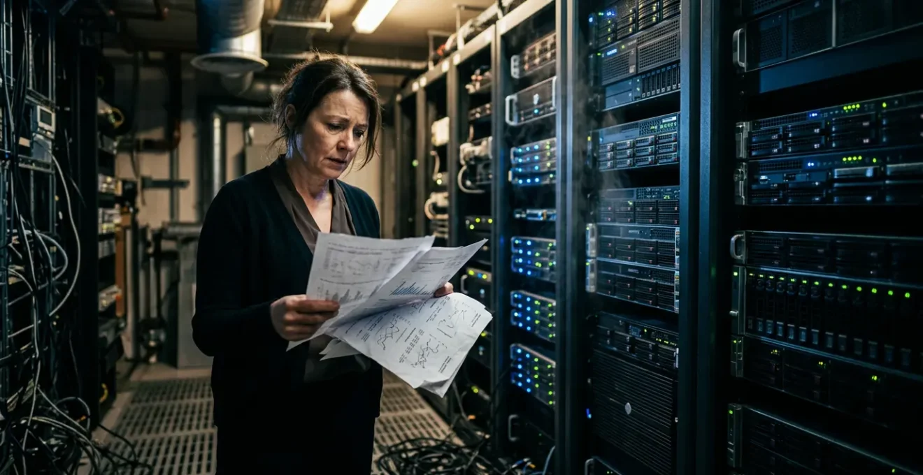 Business owner in server room looking at rising costs displayed on financial documents
