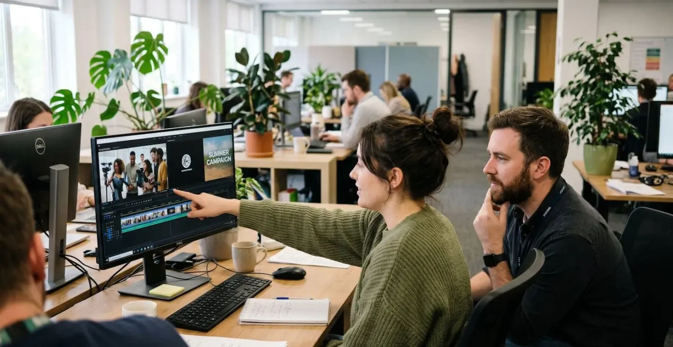 Two colleagues collaborating on video content around computer screen in open office