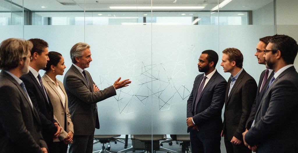 Executive team reviewing strategic roadmap on glass board in modern boardroom
