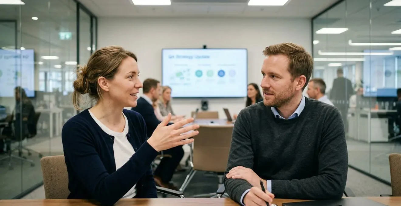 Two colleagues discussing content strategy in modern meeting room