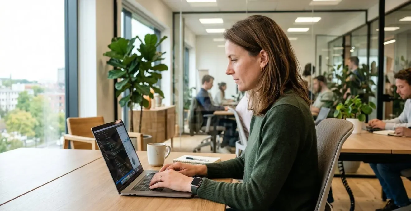 Marketing team member confidently editing video content on laptop in bright modern office