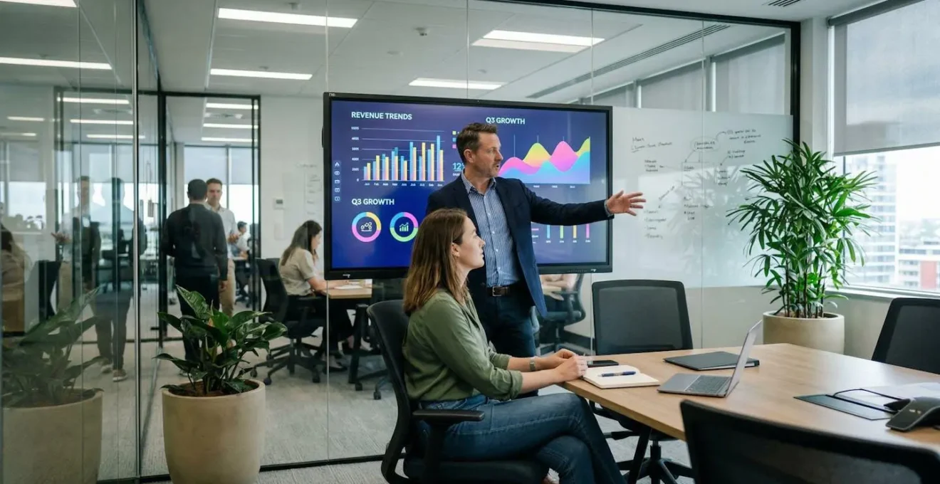 Professional presenting animated infographic video content to colleague in modern meeting room