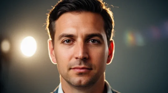Business professional analyzing data visualizations on floating holographic screens in modern office