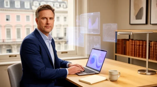 Professional UK business owner in modern home office reviewing digital contracts with remote team presence through multiple screens