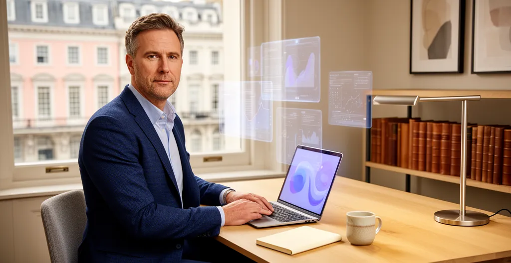 Professional UK business owner in modern home office reviewing digital contracts with remote team presence through multiple screens