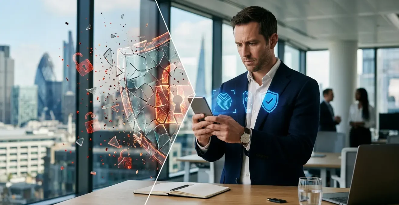 Business professional in London office looking concerned at phone while digital security shield fragments around them