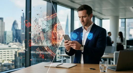 Business professional in London office looking concerned at phone while digital security shield fragments around them