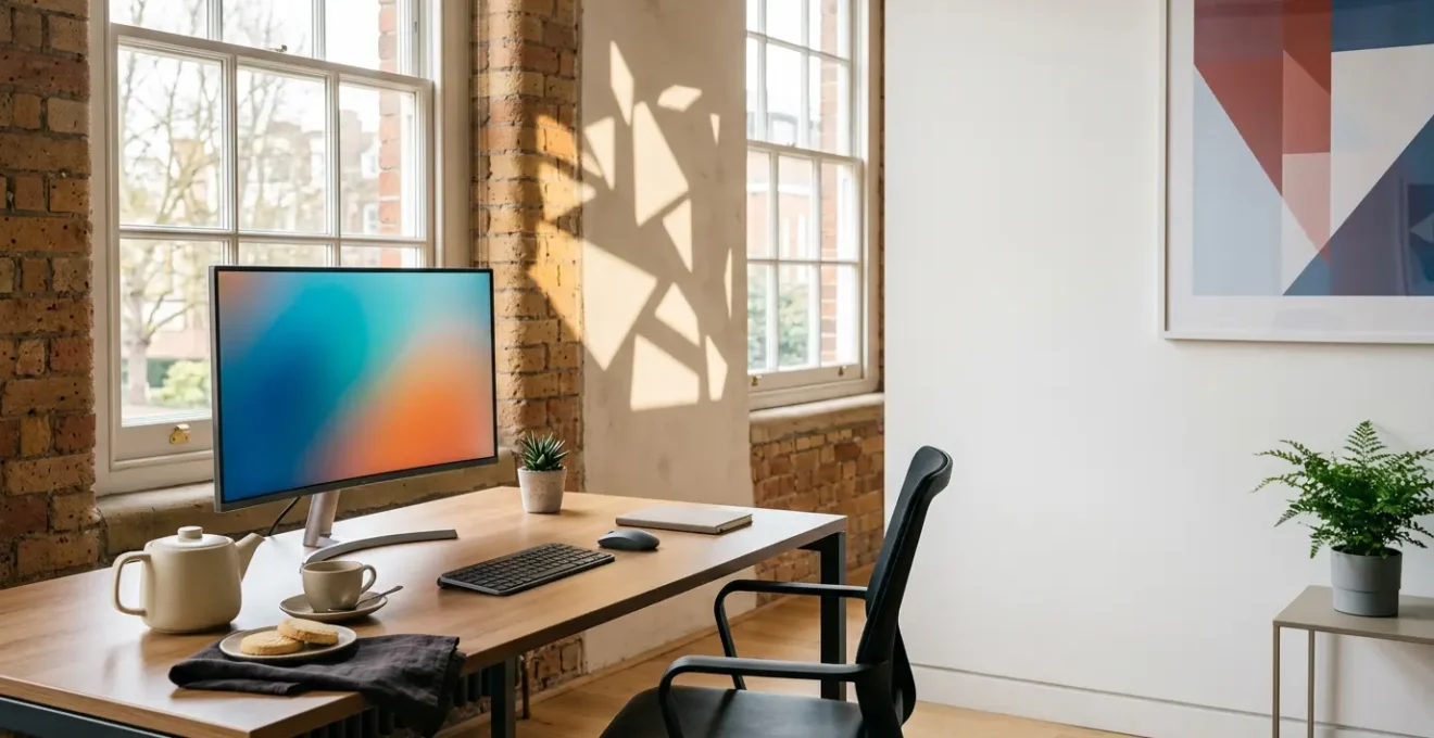 Professional setting showing a British office environment with subtle UK cultural elements and modern technology integration