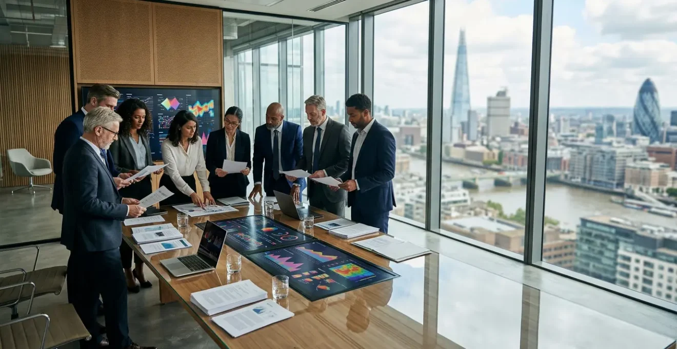 Executive team analyzing ISO 27001 certification benefits in modern UK corporate boardroom