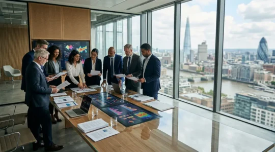 Executive team analyzing ISO 27001 certification benefits in modern UK corporate boardroom