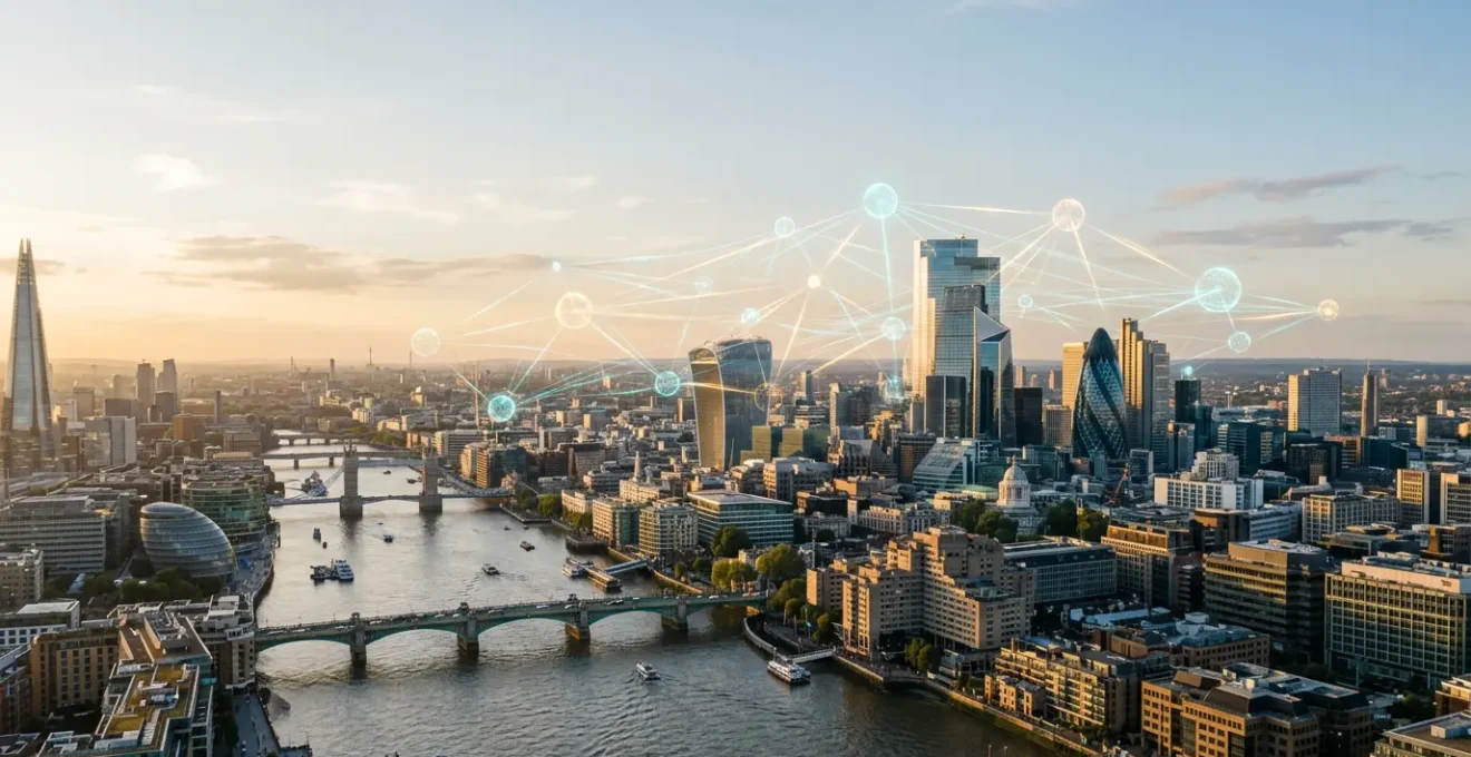 Modern UK enterprise IT architecture showcasing interconnected microservices ecosystem