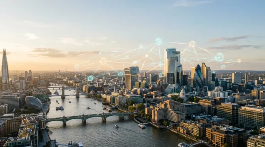 Modern UK enterprise IT architecture showcasing interconnected microservices ecosystem