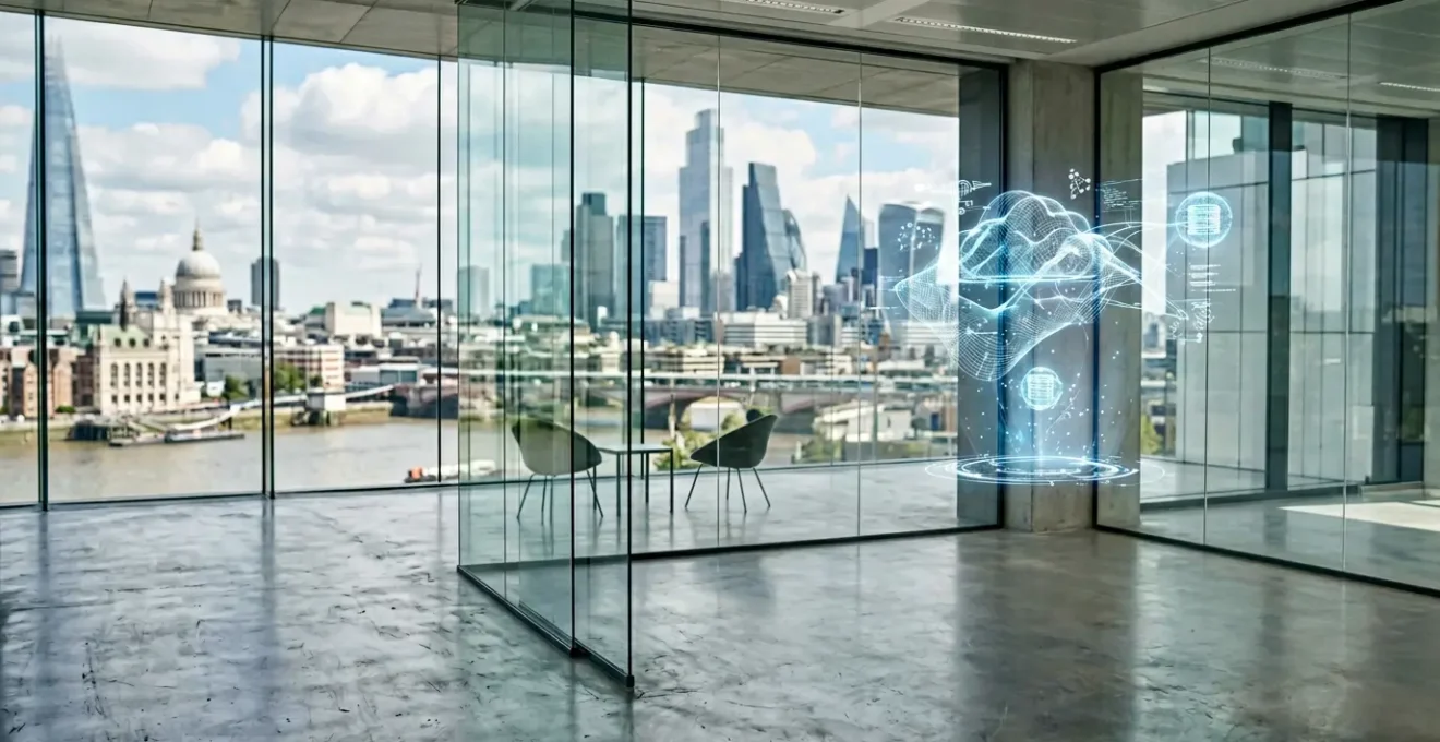 Modern UK fintech hub with cloud architecture visualization and financial data streams
