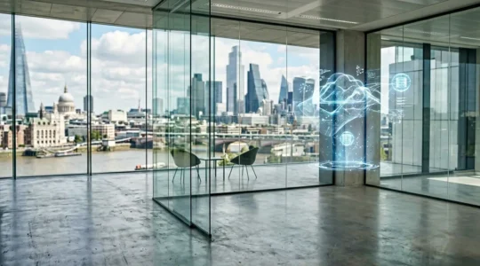 Modern UK fintech hub with cloud architecture visualization and financial data streams