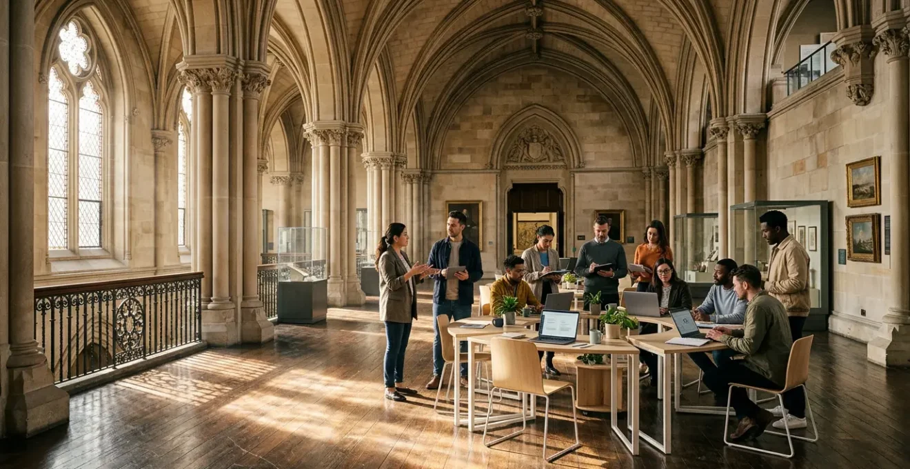 Cross-functional teams working together in a British heritage building setting